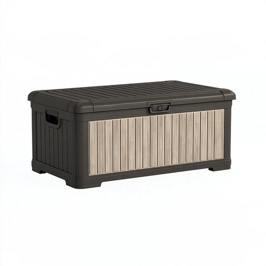 Garten-Aufbewahrungsbox 120 x 55 x 60 cm aus Kunststoff in Dunkelbraun mit Deckel und Tragegriffen