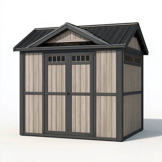 Gartenhaus 240 cm x 180 cm x 230 cm aus Holz und Metall Grau Beige mit Satteldach und Doppeltür