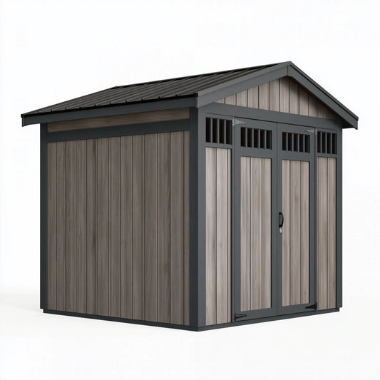 Gartenhaus 220 x 150 x 210 cm Holzoptik Grau mit Metallrahmen und Satteldach