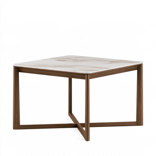 Esstisch 140 x 140 cm mit Marmoroptikplatte Weiß Holzgestell moderner Stil