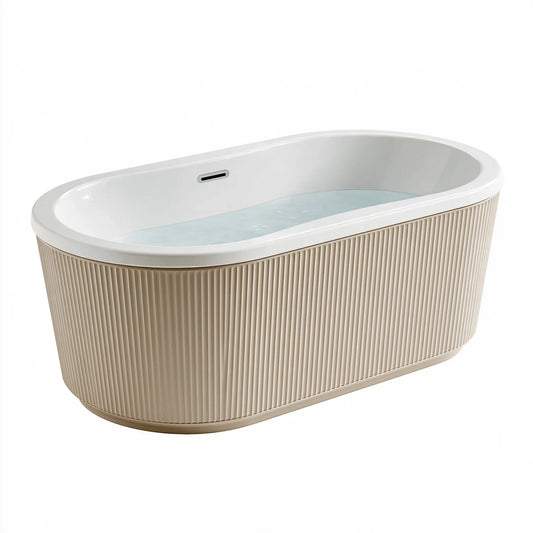 Freistehende Badewanne 170 x 80 x 58 cm aus Sanitäracryl Weiß Beige mit geriffelter Verkleidung