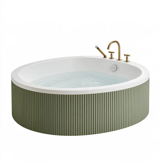 Freistehende Badewanne 150 cm Acryl Weiß Grün mit goldfarbener Armatur geriffeltes Design