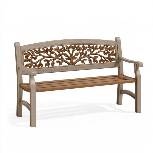 Gartenbank 120 x 60 x 85 cm Kunststoff Taupe mit Baumrelief für Außenbereich