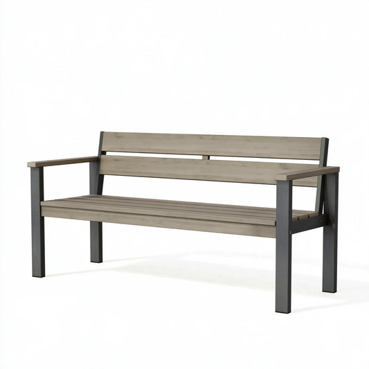 Gartenbank 120 cm Stahl Kunststoff Grau Braun mit Armlehnen