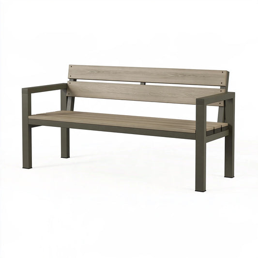 Gartenbank 120 x 60 x 85 cm aus Metall und Kunststoff in Taupe Grau mit Rückenlehne