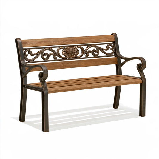 Gartenbank 125 x 60 x 85 cm Metall Braun in Holzoptik mit Armlehnen im klassischen Stil